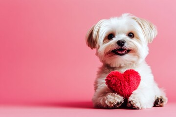 Cute havanese doggy with fluffy red heart - sign of love, funny greeting card. Ad campaign creative. Havanese - my cherished dog. Romantic pets. Valentine's animal friendship stories. Pet lov.