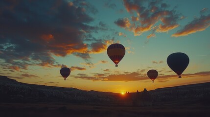 Naklejka premium Dreamy Sunset Hot Air Balloons in Sky