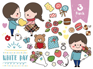 3月・ホワイトデーの手書き風セット素材