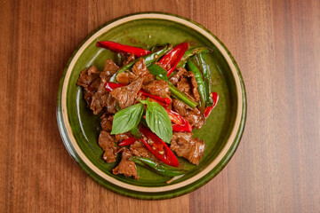 chinese food on plate photographed at high angle, restaurant food, chinese traditional cuisine