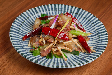 chinese food on plate photographed at high angle, restaurant food, chinese traditional cuisine