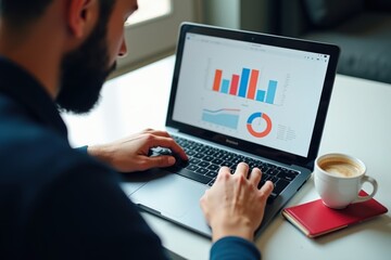 Analyzing Financial Trends: A Man Engaged in Data Interpretation While Working on a Laptop in a Bright, Modern Workspace with a Coffee Mug and Notebook