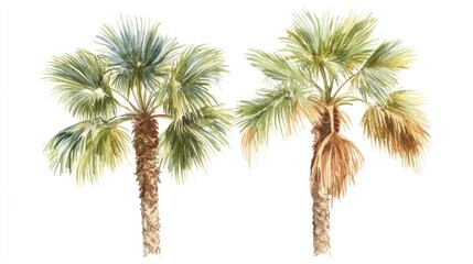 Two watercolor palm trees, isolated on white, tropical design element