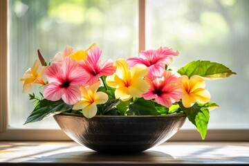 Sunlit hibiscus bouquet in bowl, windowsill, garden view