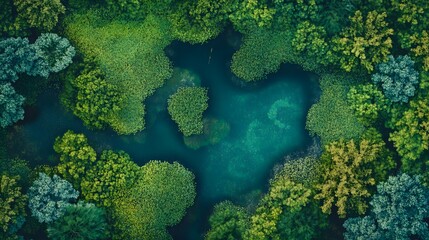 Vibrant tropical water scene, deep blues and greens, lush foliage surrounding calm water, ideal for nature themes or relaxation.