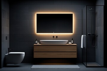Fototapeta premium Luxurious High Tech Bathroom With IoT Enabled Mood Lighting That Syncs Automatically to Create a Customized Ambiance and Relaxing Atmosphere Modern Minimalist Design With Sleek Fixtures Vanity