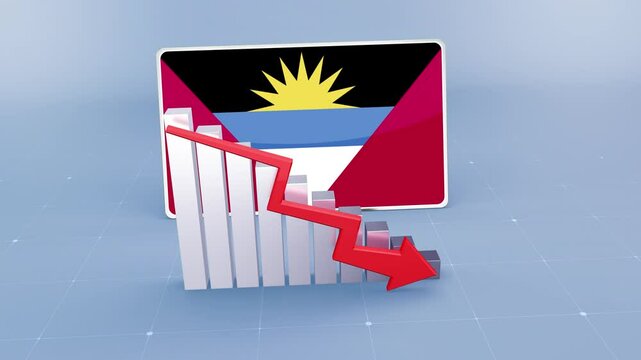 Antigua and Barbuda country flag and bar chart graph showing decreasing values a red arrow economic crisis concept. Flag of Antigua and Barbuda