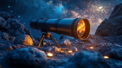 A lightweight telescope set against a vivid Milky Way, overlooking rolling mountain ranges