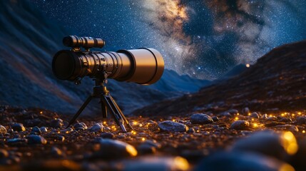 A lightweight telescope set against a vivid Milky Way, overlooking rolling mountain ranges