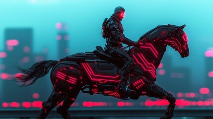 Futuristic Soldier Riding Neon Horse in Sci-Fi Urban Landscape