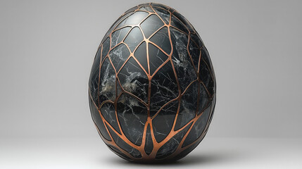 Black marble egg with copper wireframe design, isolated on white background.