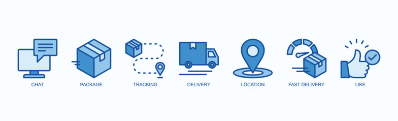 Swift Connections Icon Set Isolated Vector Illustration Concept With Icon Of Chat, Package, Tracking, Delivery, Location, Fast Delivery, Like In Blue Style