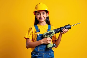 A Young Girl in Construction Attire with a Power Drill Against a Bright Yellow Background, Showcasing Confidence and Enthusiasm for Her Chosen Craft