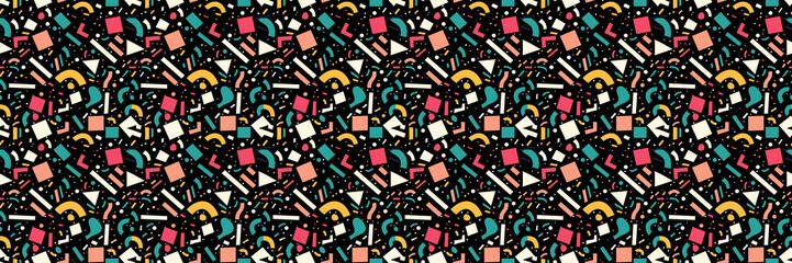 Obraz premium Seamless pattern with geometric shapes in the style. Multicolored vintage background with triangles, circles and squares for textile, fabric and Sudanese fabric art.