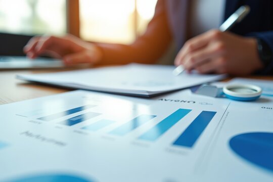 Detailed Analysis of Business Metrics and Statistical Data Presentations in a Professional Office Environment with Emphasis on Growth Indicators and Business Strategy