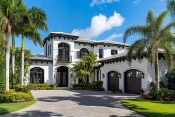 Luxury Florida home, palm trees, sunny day, driveway, real estate