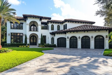 Fototapeta premium Mediterranean Mansion, Sunny Driveway, Lush Landscaping, Real Estate Listing