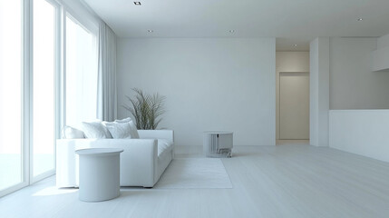 A minimalist and modern Italian design interior in a clean white space with high key lighting, room with white walls and floor. Minimalistic interior design