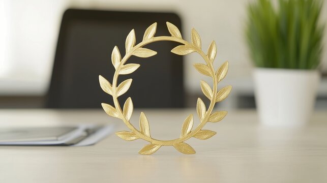 Employee Appreciation Day Concepts. Golden laurel wreath on a desk with a plant in the background. - Powered by Adobe
