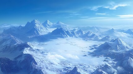 Naklejka premium Vast blue sky with fluffy clouds, serene wide sky view above majestic mountains, ideal for nature-themed content creation.