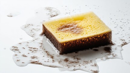 A worn-out sponge with grime and grease residue after cleaning.
