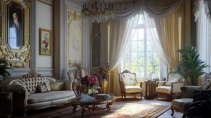 A vintage-inspired home office with antique furniture, Cozy and charming living room in retro classical style,