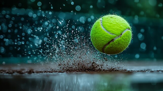 Dynamic tennis ball splashing on wet court during rain
