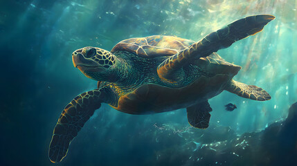 Fototapeta premium Majestic Sea Turtle Underwater: A Digital Painting