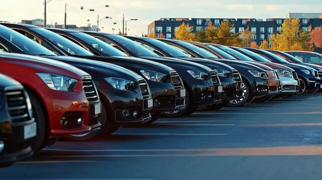 A row of cars are parked in a lot, with the red car being the most prominent. The cars are all different colors and sizes, but they all have one thing in common: they are parked in a lot.