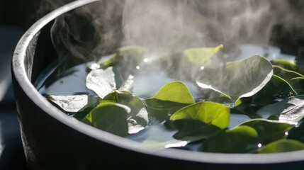 Close-up of a warm bowl with eucalyptus-infused water and rising steam, creating a tranquil spa atmosphere. Relaxation, wellness, and self-care concept.