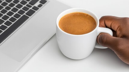 Morning Brew & Technology: A close-up shot showcases a hand holding a steaming cup of coffee, positioned next to a sleek laptop, capturing the essence of a modern, productive morning.