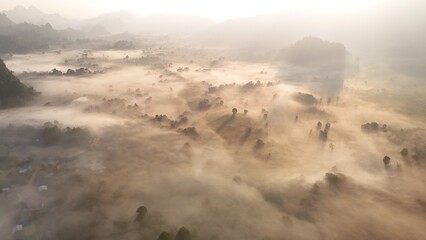 Misty morning fog over the mountain landscape