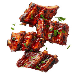 Grilled pork ribs glazed with barbecue sauce and garnished with fresh herbs, top view, isolated on white background