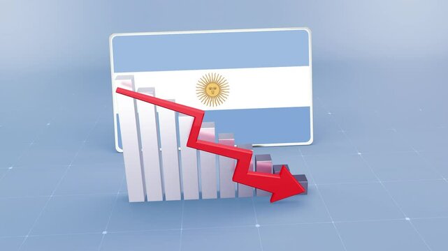 Argentina country flag and bar chart graph showing decreasing values a red arrow economic crisis concept. Flag of Argentina
