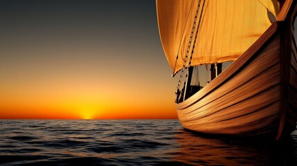 Sailing into the sunset: A traditional wooden sailing boat gracefully navigates the tranquil ocean waters, bathed in the golden light of a stunning sunset, evoking a sense of adventure and serenity.