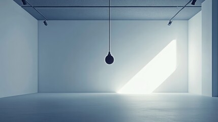 Minimalist industrial room with microphone hanging from ceiling in bright light