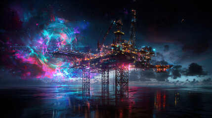 Obraz premium vibrant offshore oil platform illuminated by colorful lights, surrounded by cosmic backdrop. scene evokes sense of wonder and innovation