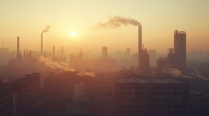 Obraz premium large scale oil refinery at dawn, with smoke rising from chimneys, creating dramatic industrial landscape