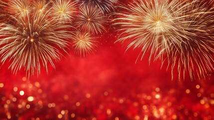 Golden Fireworks Display Against Red Festive Background