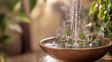 Close-up of a warm bowl with eucalyptus-infused water and rising steam, creating a tranquil spa atmosphere. Relaxation, wellness, and self-care concept.