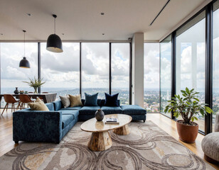 Urban Elegance: A Stylish Living Room with City Skyline Views