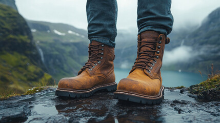 Boots campaign showcasing rugged leather boots styled in an outdoor, mountainous setting