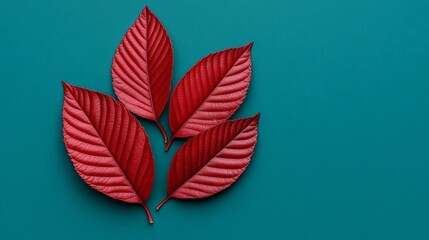 Obraz premium Crimson Leaves on Teal: A striking composition of four vibrant, crimson leaves artfully arranged against a bold teal backdrop, creating a visual interplay of color and texture.