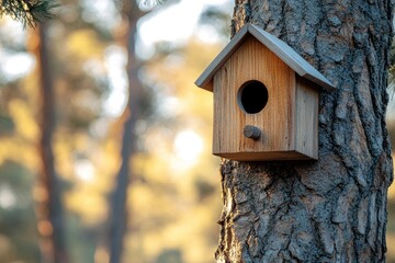 Wooden birdhouse hanging on a tree in a forest