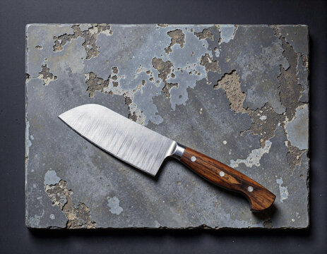 Rustic Chef&rsquo;s Knife on Worn Stone Board