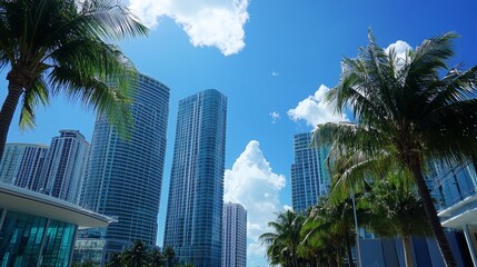 Skyscrapers and palm trees against blue sky in downtown cityscape