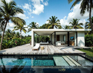 Fototapeta premium Modern Oasis: A Luxurious Poolside Retreat with Stunning Ocean Views