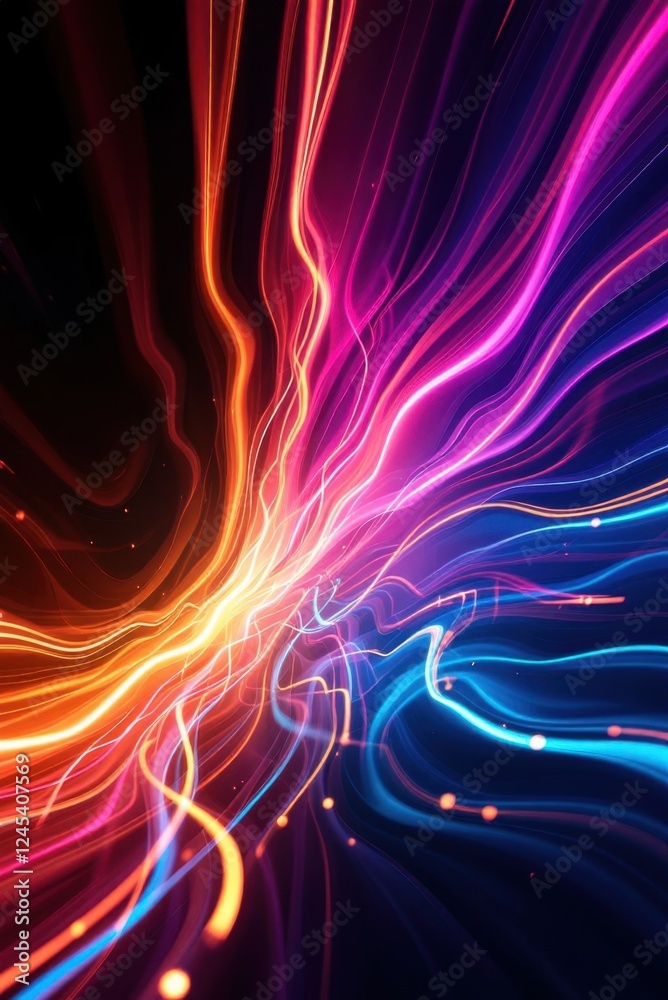 Poster dynamic abstract light streaks in vibrant neon colors creating a mesmerizing visual flow