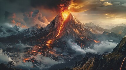 Fototapeta premium Majestic eruption of fiery volcano with lava flowing down mountain amidst dramatic clouds and rugged landscape