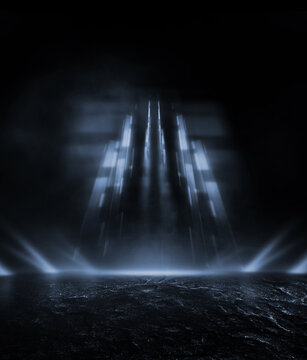 3D Rendering abstract empty warp gate street scene background with abstract spotlights elegant futuristic light and reflection.